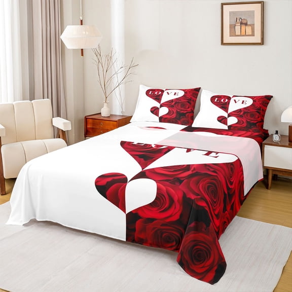 jejeloiu Rose Loves Pattern Queen Sheet Sets,Romsntic Valentins'S Day Flat Sheet,Red White Queen Fitted Sheet For Men Women,Luxury Bedroom Decor,4pcs