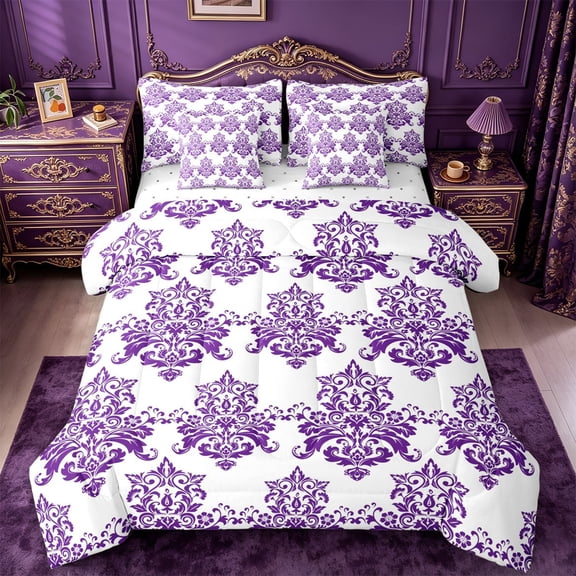 jejeloiu Royal Damask 7 Pieces Full Size Bedding Sets For Girls,Majestic Floral Full Size Bed in a Bag,Purple White,Reversible