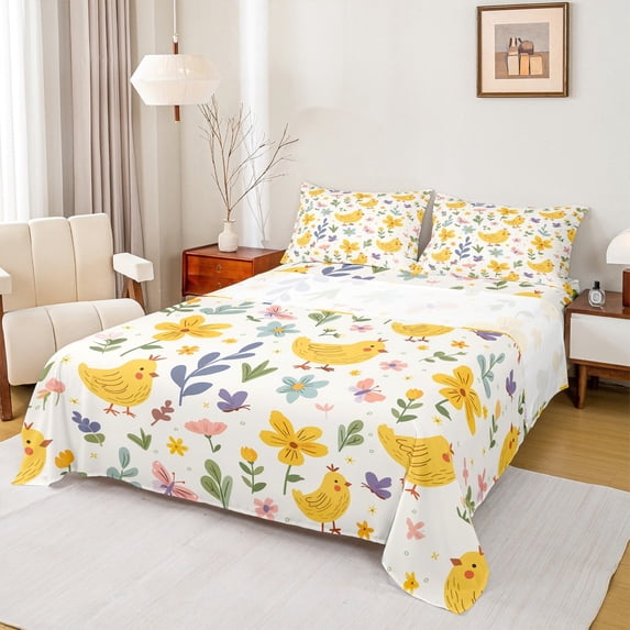 jejeloiu Rubber Duck Bed Sheets,Farm Animal King Sheets,Colorful Flower Floral Sheet Set For Boys Kids,Ultra Soft Home Decor,4 Pieces