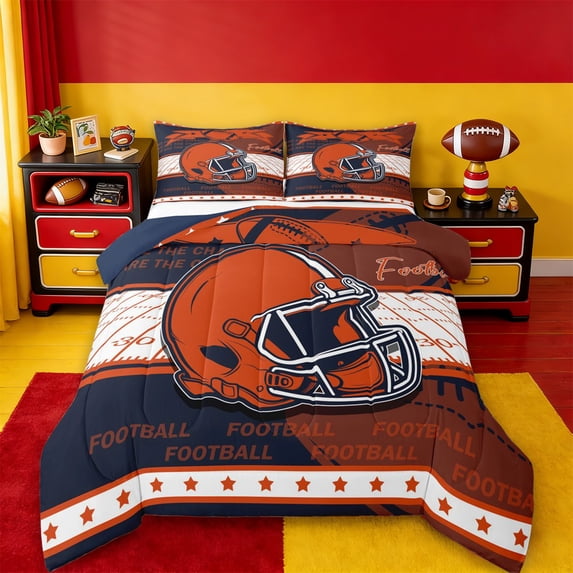 jejeloiu Ruby Football Sport Twin Comforter Sets,Orange Deepblue White Bedding Set For Boys Kids Reversible 2pcs