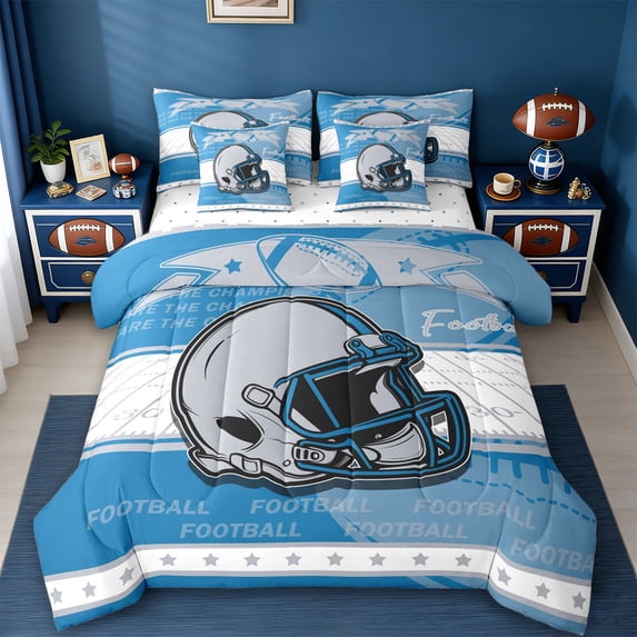 jejeloiu Rugby Ball Game 7-Piece Twin Bedding Sets,Gray White Blue Bedding Comforter Set For Football Gamer Reversible