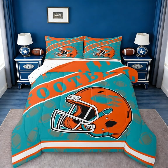 jejeloiu Rugby Ball Games Twin Comforter Sets,Orange Football Helmet Bedding Set For Sport Gamer Reversible 2-Piece