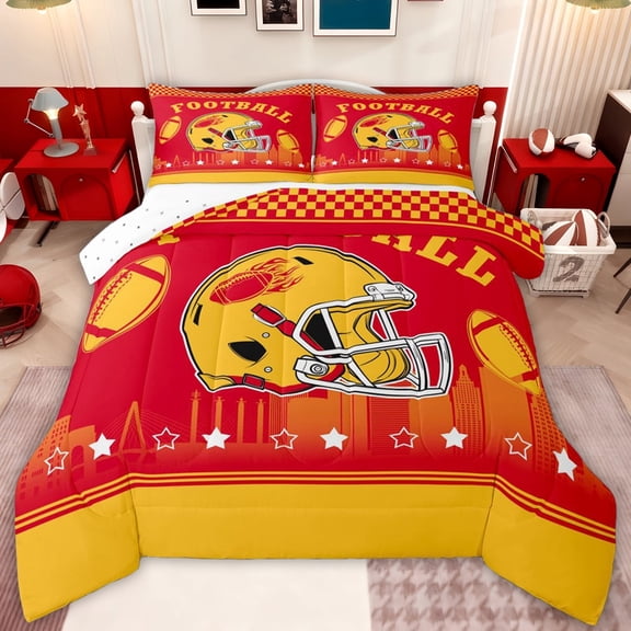 jejeloiu Rugby Ball Games Twin Comforter Sets,Red Yellow Bedding Set For Boys Kids Reversible 2 Pieces
