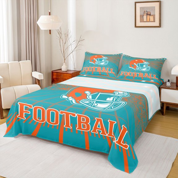 jejeloiu Rugby Ball Gaming Twin Sheet Sets,Cyan Orange Bedding For Football Gamer 3 Pieces