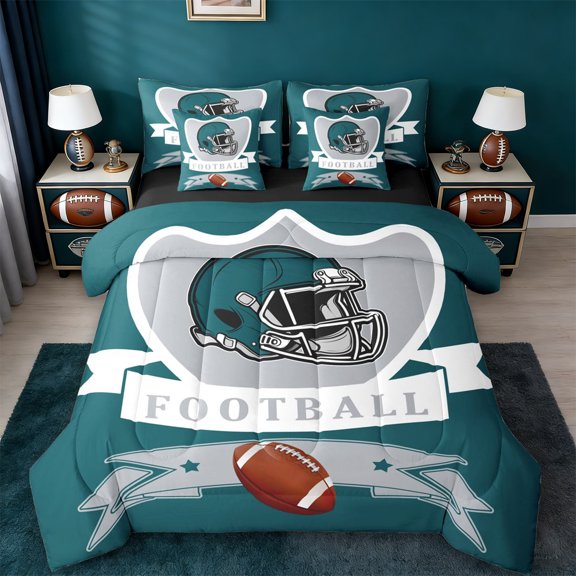 jejeloiu Rugby Ball Helmet 7-Piece Twin Bedding Sets,Football Sport Games Bedding Comforter Set For Kids Reversible
