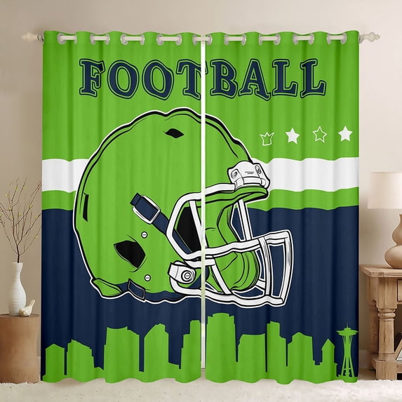 jejeloiu Rugby Helmet Blackout Curtain Set of 2,Green Deep Blue Football,42x84 Inch