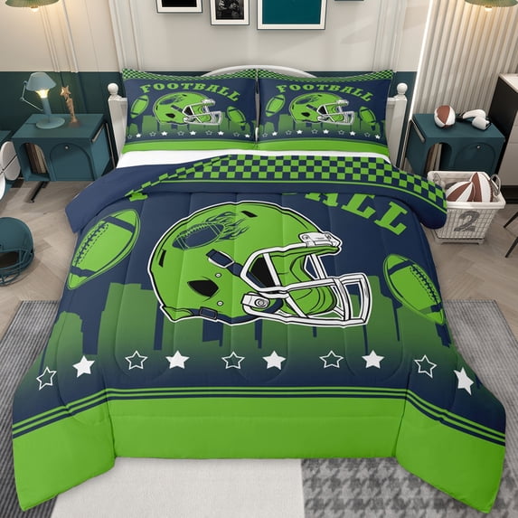jejeloiu Rugby Ball Helmet Full Size Comforter Sets,Green Sport Helmet Bedding Sets For Football Gamer Reversible 3 Pieces