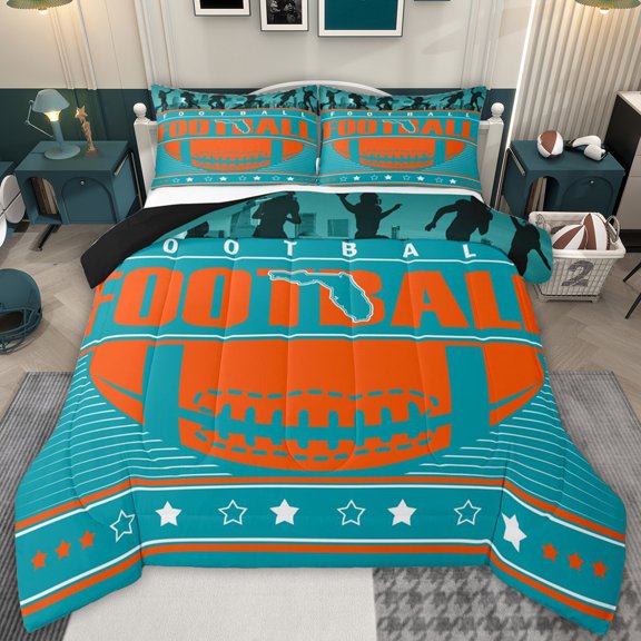 jejeloiu Rugby Ball Sport Full Size Comforter Sets,Cyan Orange Bedding Sets For Football Lover Reversible 3-Piece