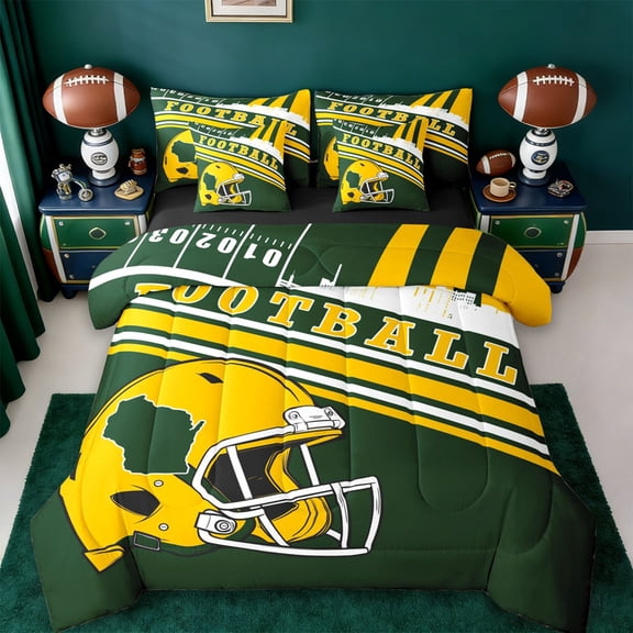 jejeloiu Rugby City Silhouette 7-Piece Twin Bedding Sets,Yellow Green Football Helmet Bedding Comforter Set For Kids Reversible
