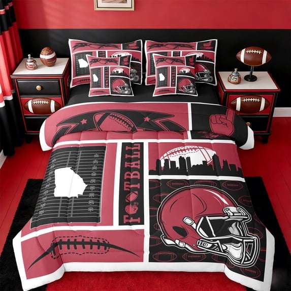 jejeloiu Rugby City Silhouette 7 Pieces Bedding Comforter Set,Red Black Full Bedding Set For Boys Kids Reversible