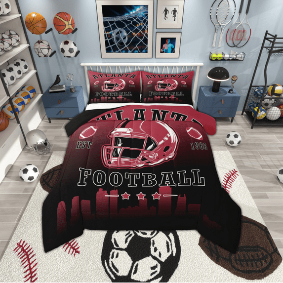 jejeloiu Rugby City Silhouette Full Size Comforter Sets,Sports Theme Bedding Comforter Set,Htlanta Bedding Sets For Boys,Bedroom Decor Ultra Soft Reversible,3-Piece