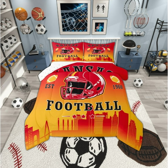 jejeloiu Rugby City Silhouette Full Size Comforter Sets,Sports Theme Bedding Comforter Set,Kansas Bedding Sets For Boys,Bedroom Decor Ultra Soft Reversible,3pcs
