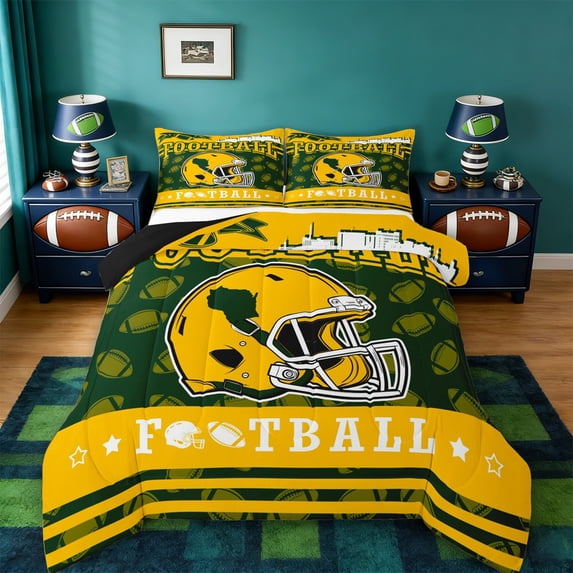 jejeloiu Rugby City Silhouette Queen Comforter Set,Football Game Helmet Bedding Comforter Set For Adults Reversible 3-Piece