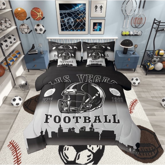 jejeloiu Rugby City Silhouette Twin Bedding Sets,7-Piece,Sports Theme Bedding Comforter Set,Las Vegas Sheet Sets For Boys,Ultra Soft Bedroom Decor Reversible