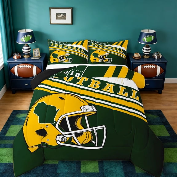 jejeloiu Rugby City Silhouette Twin Comforter Sets,Yellow Green Football Helmet Bedding Set For Kids Reversible 2pcs