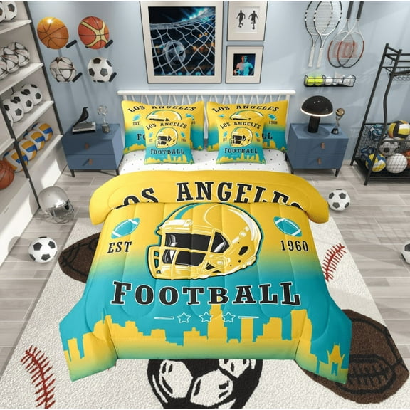 jejeloiu Rugby City Twin Bedding Sets,7-Piece,Football City Bedding Comforter Set,Yellow Helmet Sheet Sets,Super Cozy Room Decor Reversible