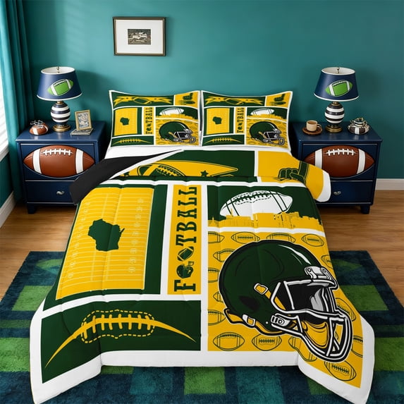 jejeloiu Rugby Football City Full Size Comforter Sets,Green Yellow Bedding Sets For Ball Lover Reversible 3-Piece