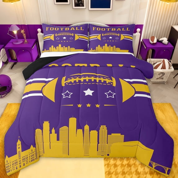 jejeloiu Rugby Football City Full Size Comforter Sets,Yellow Purple Bedding Sets For Boys Kids Reversible 3pcs