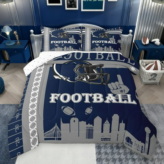 jejeloiu Rugby Football Game Bedding Comforter Set,American Sport City Twin Comforter Sets,Gray Deepblue Helmet Bedding Set For Teens,Ultra Soft Home Decor Reversible,2-Piece