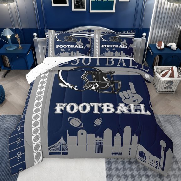 jejeloiu Rugby Football Game Queen Comforter Set,American Sport City Bedding Sets,Gray Deepblue Helmet Bedding Comforter Set For Teens,Ultra Soft Home Decor Reversible,3pcs