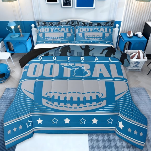 jejeloiu Rugby Football Sport Twin Comforter Sets,Blue Gray Bedding Set For Ball Gamer Reversible 2-Piece