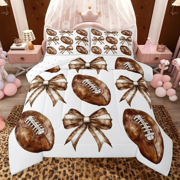 jejeloiu Rugby Football Sport Twin Comforter Sets,Brown Cute Bowknot Bedding Set For Boys Girls Reversible 2 Pieces