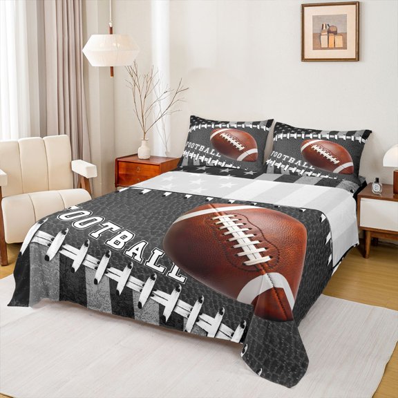 jejeloiu Rugby Football Twin Sheet Set (3-Piece) Ball Game Brown Gray Breathable Decor