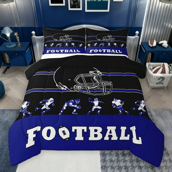 jejeloiu Rugby Game Gamer Bedding Comforter Set,Football Sport Theme Twin Comforter Sets,Blue Black Bedding Set For Boys Teens,Luxury Bedroom Decor Reversible,2pcs