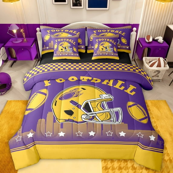 jejeloiu Rugby Game Gaming 7-Piece Twin Bedding Sets,Yellow Football Helmet Bedding Comforter Set For Teens Reversible