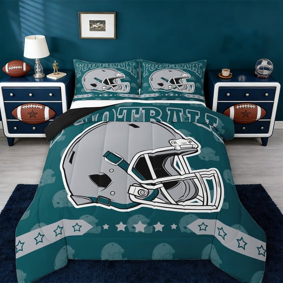 jejeloiu Rugby Game Lover Twin Comforter Sets,Gray Sport Helmet Bedding Set For Football Gamer Reversible 2pcs