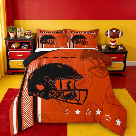 jejeloiu Rugby Game Sport Twin Comforter Sets,Black Orange Bedding Set For Football Gamer Reversible 2pcs