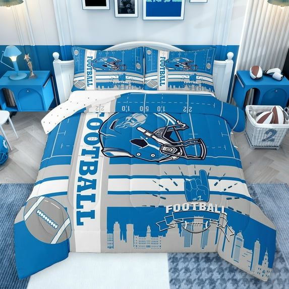 jejeloiu Rugby Gamer Queen Comforter Set,Football Sport City Bedding Sets,Blue Gray White Bedding Comforter Set For Boys Kids,Microfiber Bedroom Decor Reversible,3 Pieces