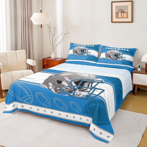 jejeloiu Rugby Gamer Twin Sheet Sets,Football Sport City Twin Fitted Sheet,Blue White Gray Flat Sheet For Boys Kids,Microfiber Bedroom Decor,3 Pieces