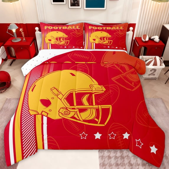 jejeloiu Rugby Helmet Pattern Full Size Comforter Sets,Yellow Red Bedding Sets For Boys Teens Reversible 3pcs