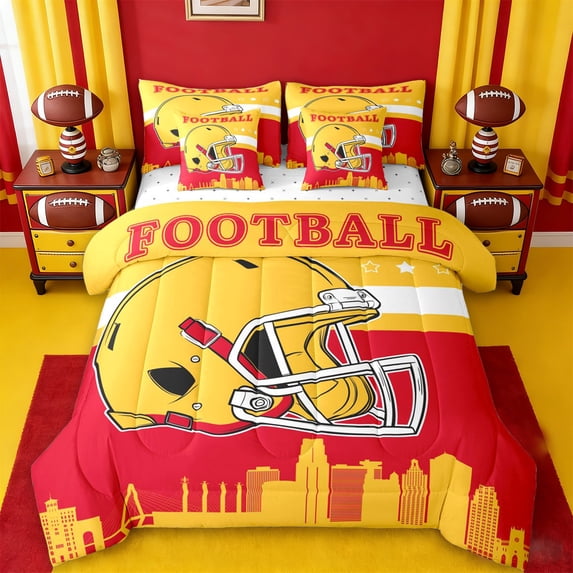 jejeloiu Rugby Sport City 7-Piece Twin Bedding Sets,Red Yellow Bedding Comforter Set For Boys Kids Reversible