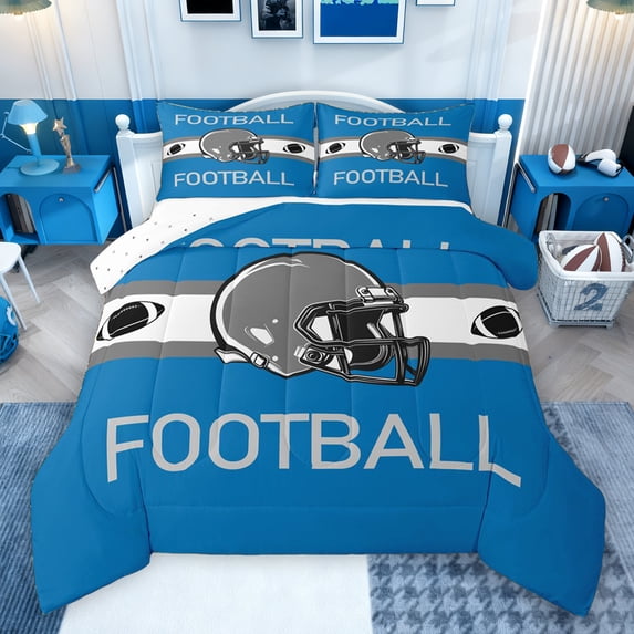 jejeloiu Rugby Sport City Full Size Comforter Sets,Football Game Gamer Bedding Comforter Set,Blue White Gray Bedding Sets For Kids,Super Cozy Room Decor Reversible,3pcs