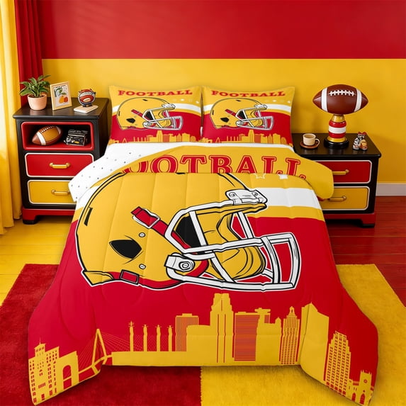 jejeloiu Rugby Sport City Queen Comforter Set,Red Yellow Bedding Comforter Set For Boys Kids Reversible 3-Piece