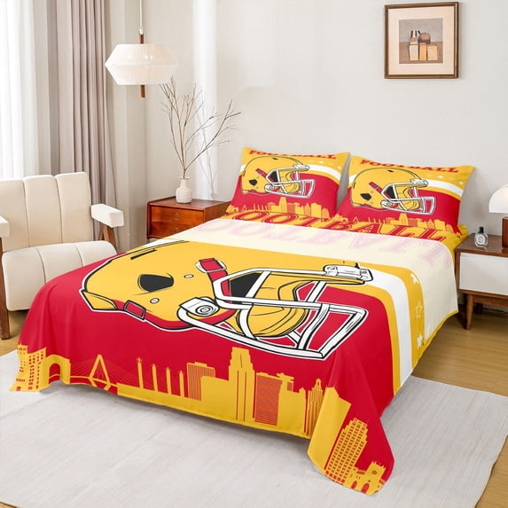 jejeloiu Rugby Sport City Queen Sheet Sets,Red Yellow Bed Set For Boys Kids 4-Piece