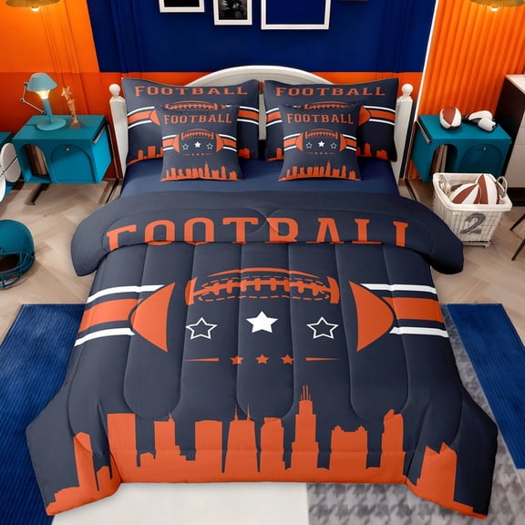 jejeloiu Rugby Sport Game 7-Piece Bedding Comforter Set,Orange Deepblue King Bedding Sets For Football Gamer Reversible