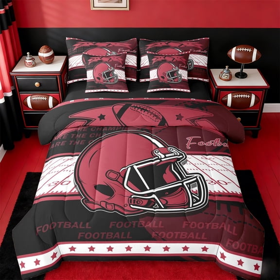 jejeloiu Rugby Sport Games 7-Piece Twin Bedding Sets,Red White Black Bedding Comforter Set For Ball Gamer Reversible