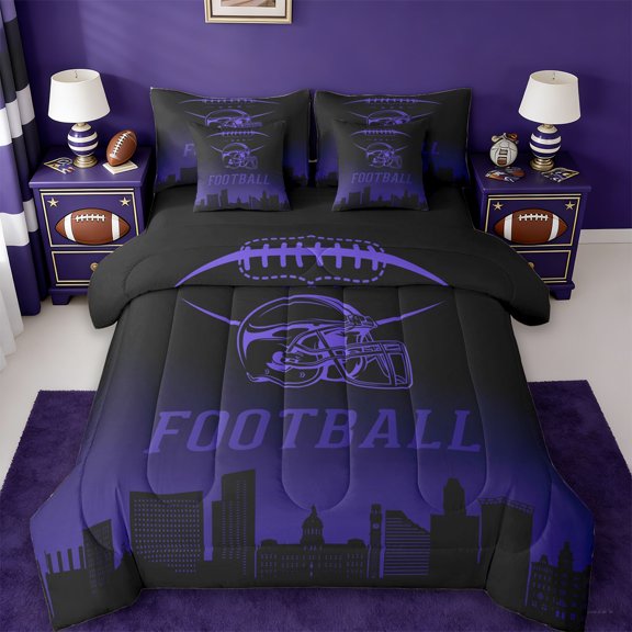 jejeloiu Rugby Sport Lover 7-Piece Twin Bedding Sets,Purple Football City Bedding Comforter Set For Boys Teens Reversible