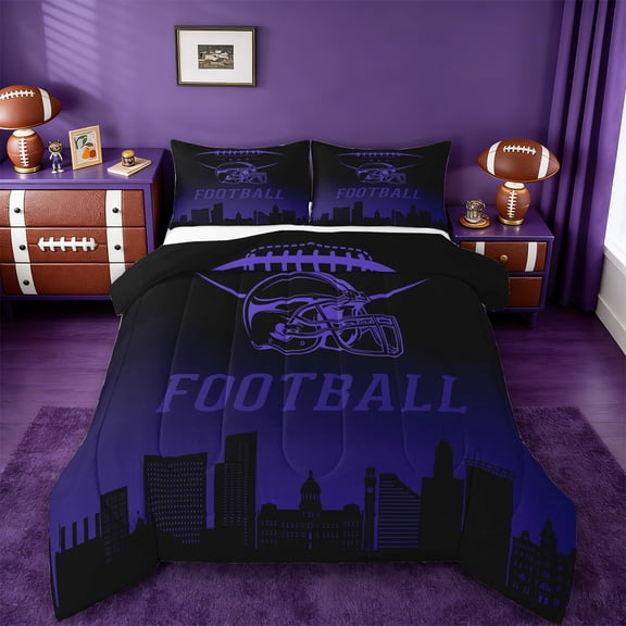 jejeloiu Rugby Sport Lover Twin Comforter Sets,Purple Football City Bedding Set For Boys Teens Reversible 2pcs