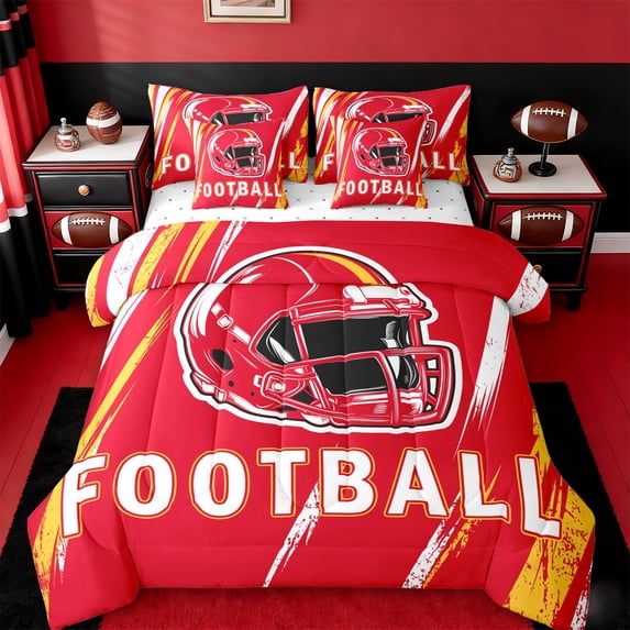jejeloiu Rugby Sport Lovers 7 Pieces Bedding Comforter Set,Red Football Game Helmet Full Bedding Set For Ball Gamer Reversible