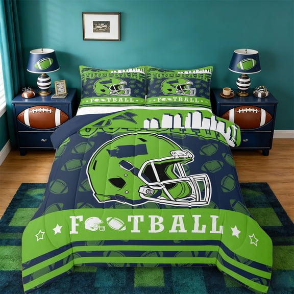 jejeloiu Rugby Sports City Twin Comforter Sets,Green Sport Helmet Bedding Set For Football Lover Reversible 2 Pieces