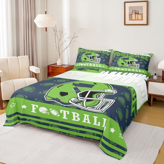 jejeloiu Rugby Sports City Twin Sheet Sets,Green Sport Helmet Bedding For Football Lover 3 Pieces