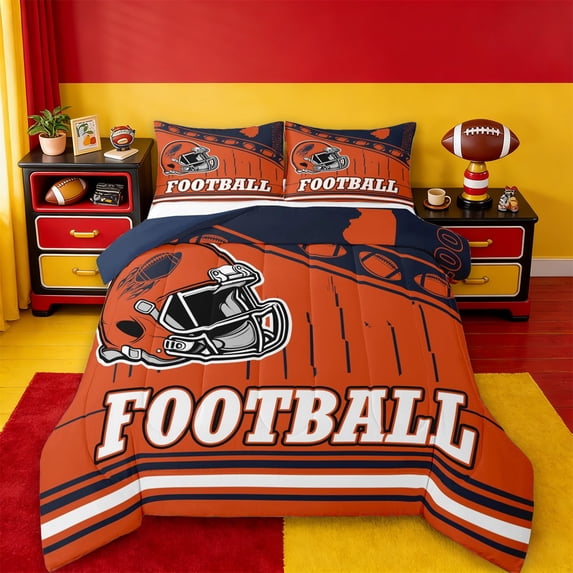 jejeloiu Rugby Sports Queen Comforter Set,Orange Deepblue Bedding Comforter Set For Boys Teens Reversible 3pcs