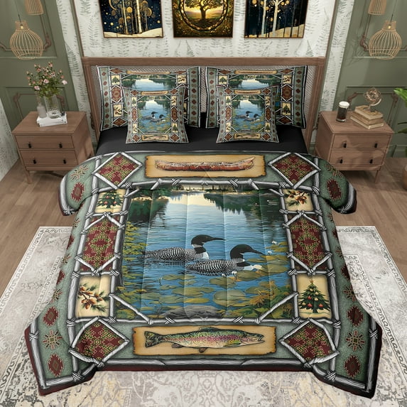 jejeloiu Rustic Animal Duck 7-Piece Twin Bedding Sets,Jfishing And Hunting Bedding Comforter Set,Retro Aztec Geometric Sheet Sets For Men Women,Ultra Soft Home Decor Reversible