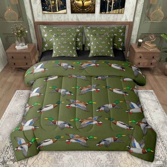 jejeloiu Rustic Animal Mallard 7 Pieces Bedding Comforter Set,Green Gray Full Bedding Set For Teens Reversible