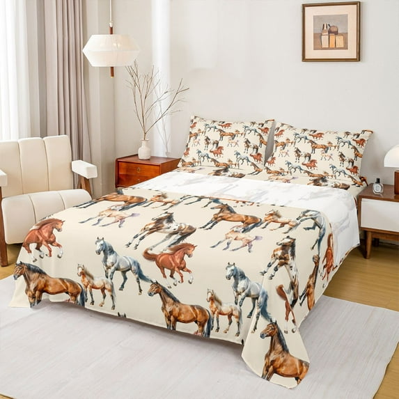 jejeloiu Rustic Animals Horse Twin Sheet Sets,Western Cowboy Bedding For Men Women 3-Piece