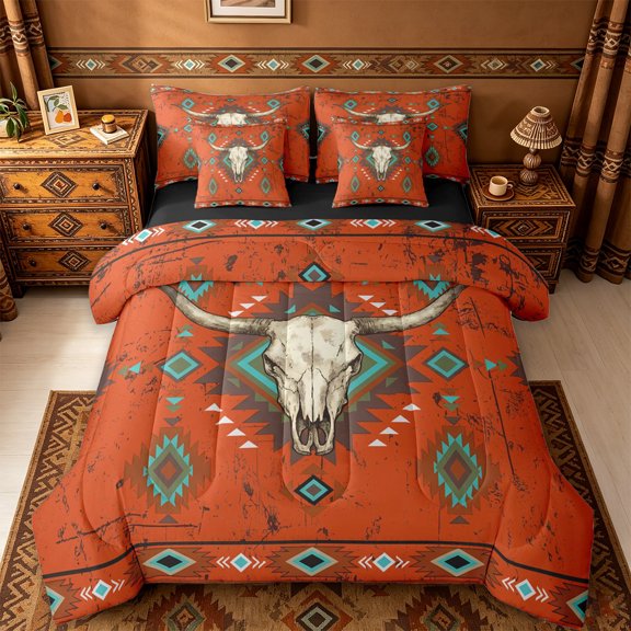 jejeloiu Rustic Aztec Bull Skull 7pcs Bedding Comforter Set Kids,Tribal Geometric Print Queen Bedding SetsFor Men,Reversible
